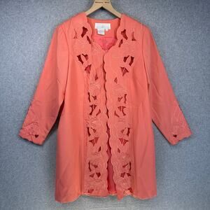 Allison Woods Jacket Womens Size 4 Pink Floral Embroidered Cutouts Open Front